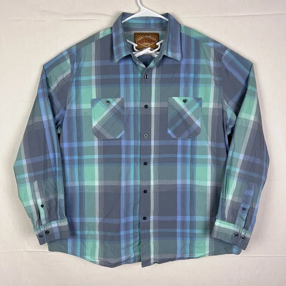 Red Camel Men's XXL Blue Green Plaid Long Sleeve Button Up Shirt